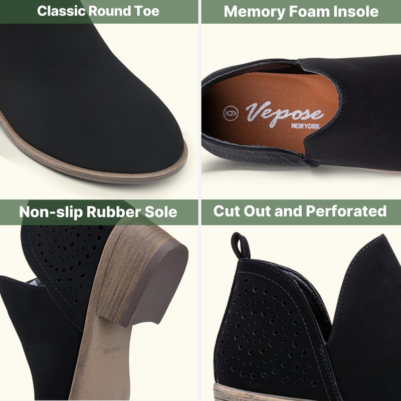 Vepose Women's Ankle Boots, Low Heel Chunky Cutout Booties, 912 - Black Nubuck, Size 8.5 US - Perforated Western Shoes (CJY912 Black Nubuck 08.5) - Image 3